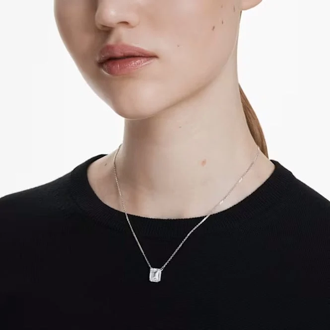 Stilla Pendant Necklace with Octagon-Cut White Crystal in Rhodium Silver