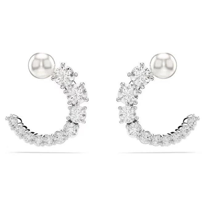 Matrix Pearl Hoop Earrings with Round-Cut White Crystal in Rhodium Silver