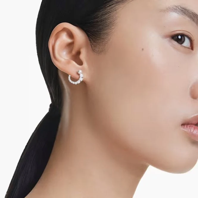 Matrix Pearl Hoop Earrings with Round-Cut White Crystal in Rhodium Silver