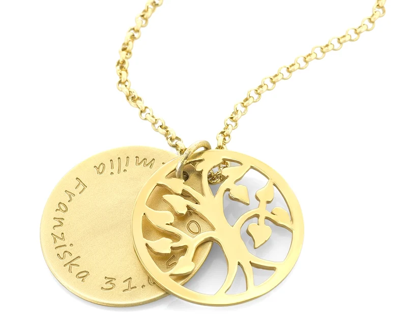 LEBENSBAUM KETTE GRAVUR VERGOLDET, NAMENSKETTE GOLD, DAMENSCHMUCK