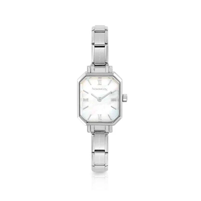 Time Paris Rectangle Mother of Pearl Dial & Silver Charm Bracelet Watch