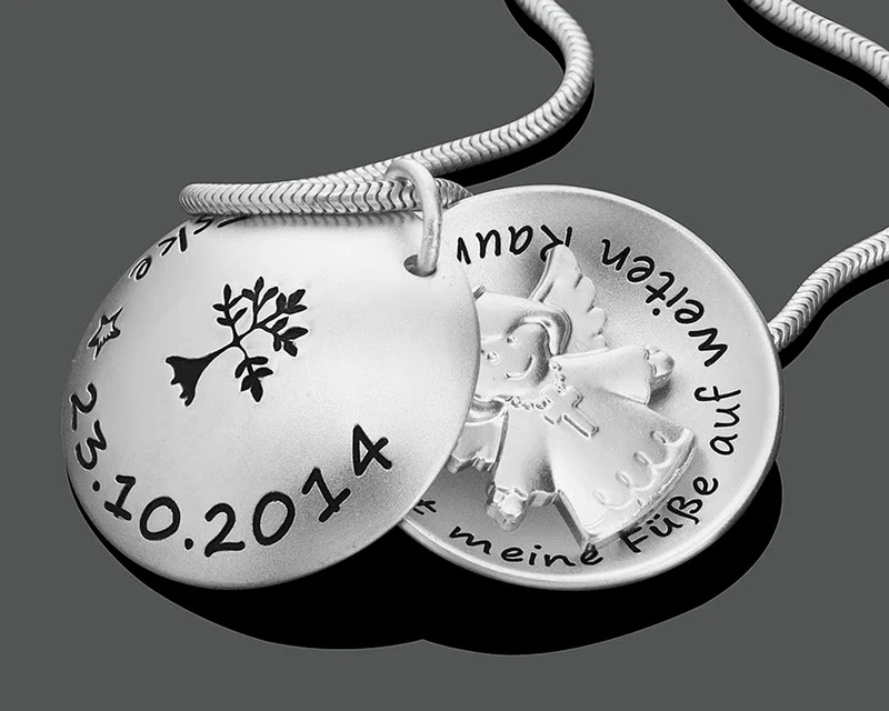 MEDAILLON HALSKETTE 925 SILBER SCHUTZENGEL, GESCHENK TAUFE SCHMUCK GRAVUR