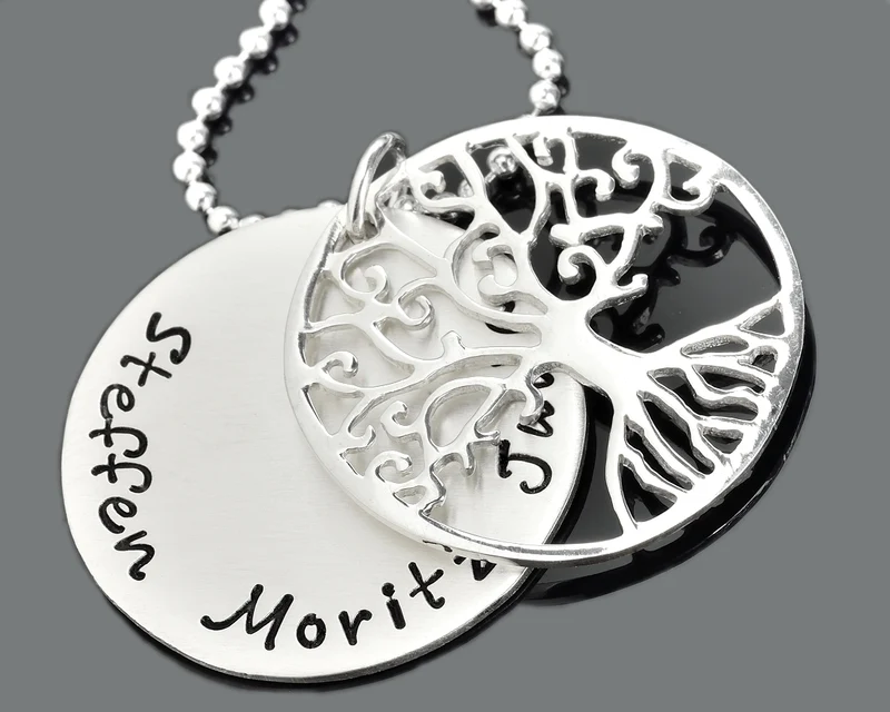 LEBENSBAUM SCHMUCK, FAMILIEN KETTE, GRAVUR SCHMUCK HALSKETTE DAMEN