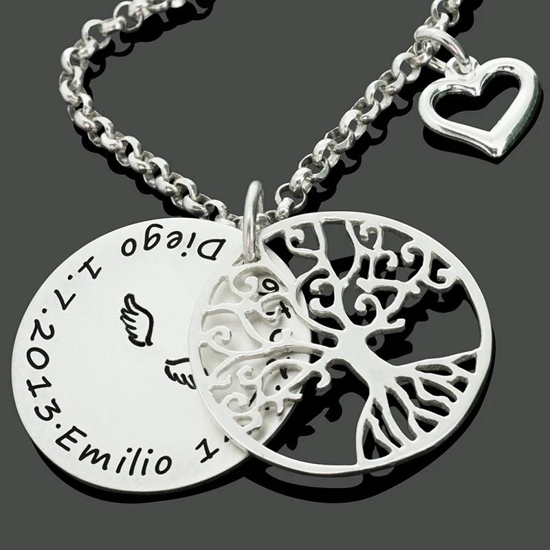 NAMENSKETTE MIT HERZ, FAMILIENKETTE GRAVUR, LEBENSBAUM, SCHMUCK MIT NAMEN