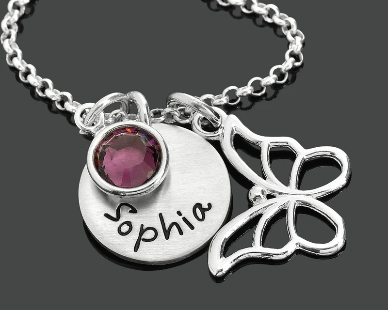 KINDERKETTE SCHMETTERLING MIT NAMEN, KETTE SILBER FÜR KINDER, KINDERSCHMUCK GRAVUR