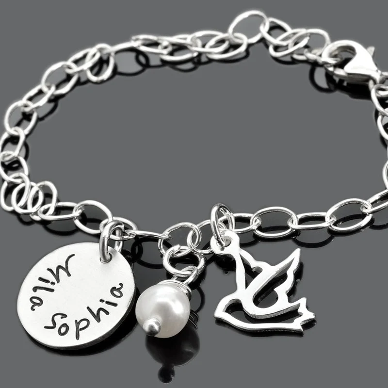 TAUFARMBAND MIT GRAVUR, TAUFSCHMUCK MIT NAMEN, TAUBE SILBER
