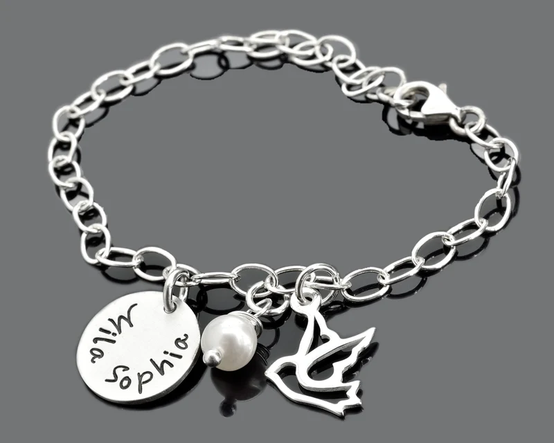 TAUFARMBAND MIT GRAVUR, TAUFSCHMUCK MIT NAMEN, TAUBE SILBER