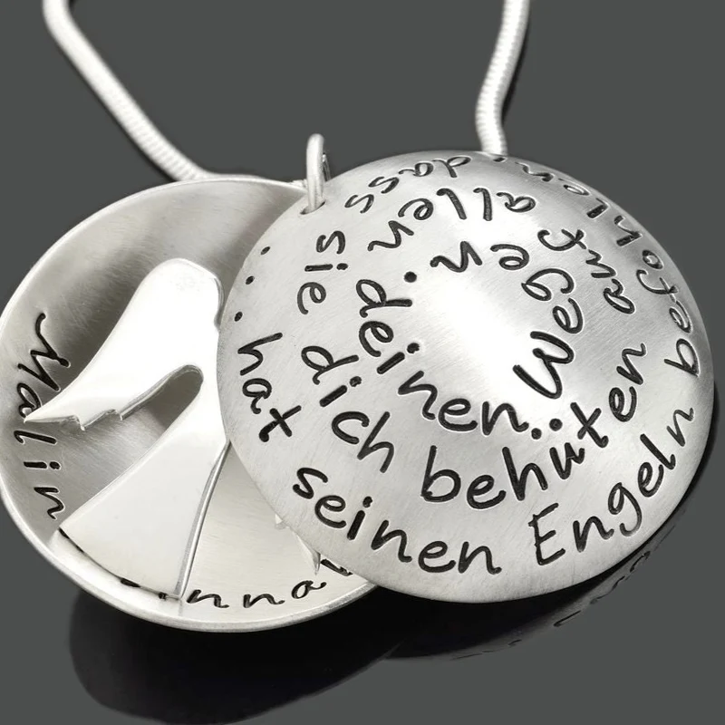 TAUFSCHMUCK MIT ENGEL, KETTE MIT TAUFSPRUCH, SILBERKETTE ZUR TAUFE, GRAVUR