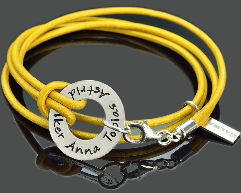 ARMBAND LEDER GELB DAMEN GRAVUR, LEDERARMBAND MIT NAMEN, SILBERSCHMUCK