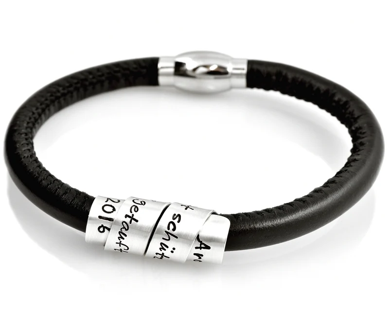ARMBAND SCHWARZ 925 SILBER GRAVUR LEDERARMBAND TEXT ARMBAND LEDER