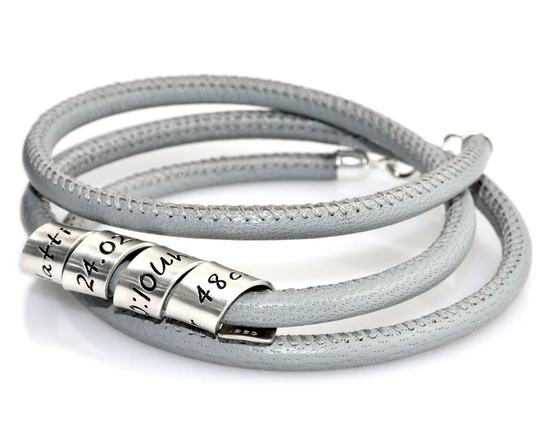 ARMBAND GRAVUR LEDERARMBAND GRAU 925 SILBER NAMEN BESONDERES ARMBAND