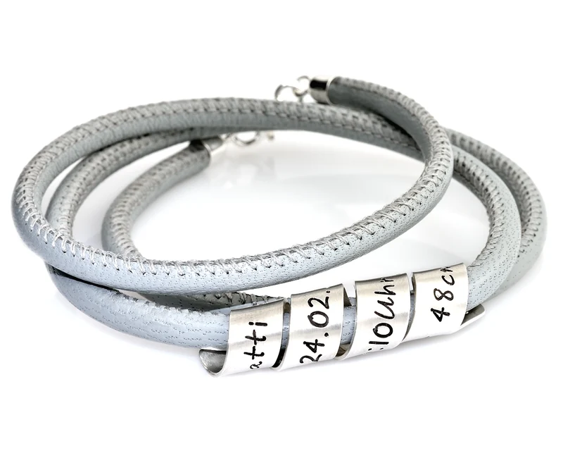 ARMBAND GRAVUR LEDERARMBAND GRAU 925 SILBER NAMEN BESONDERES ARMBAND