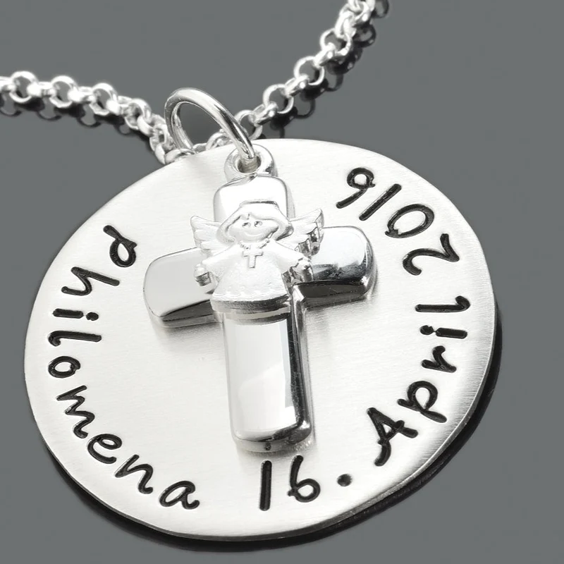 ENGELKETTE, TAUFKETTE GRAVUR, KREUZ MIT ENGEL, TAUFSCHMUCK MIT NAMEN