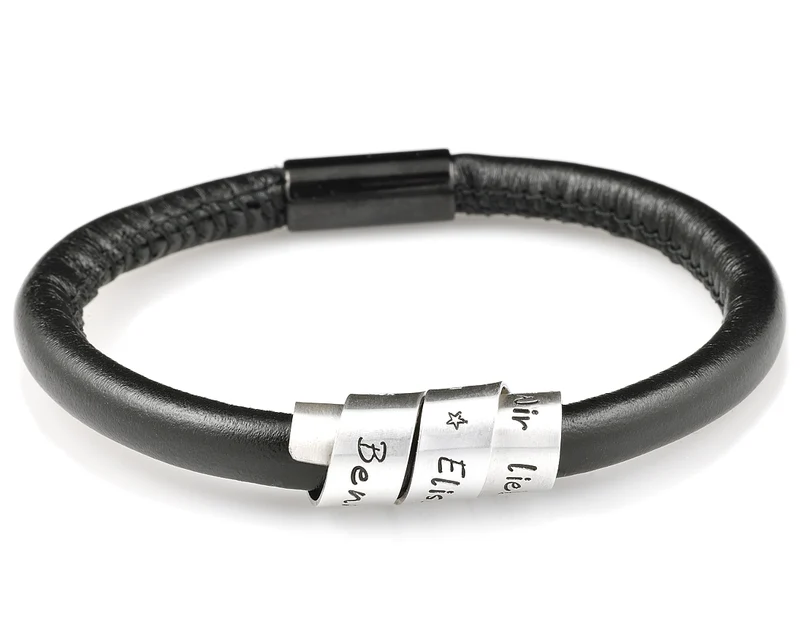 ARMBAND LEDER GRAVUR HERREN LEDERARMBAND SCHWARZ NAMENSARMBAND 925 SILBER