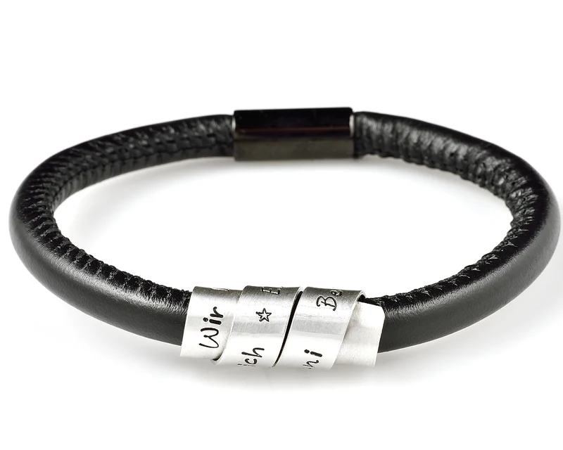 ARMBAND LEDER GRAVUR HERREN LEDERARMBAND SCHWARZ NAMENSARMBAND 925 SILBER
