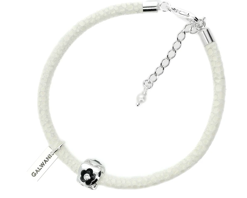 DAMENARMBAND, ARMBAND WEISS, LEDERARMBAND, SILBERSCHMUCK BLUME