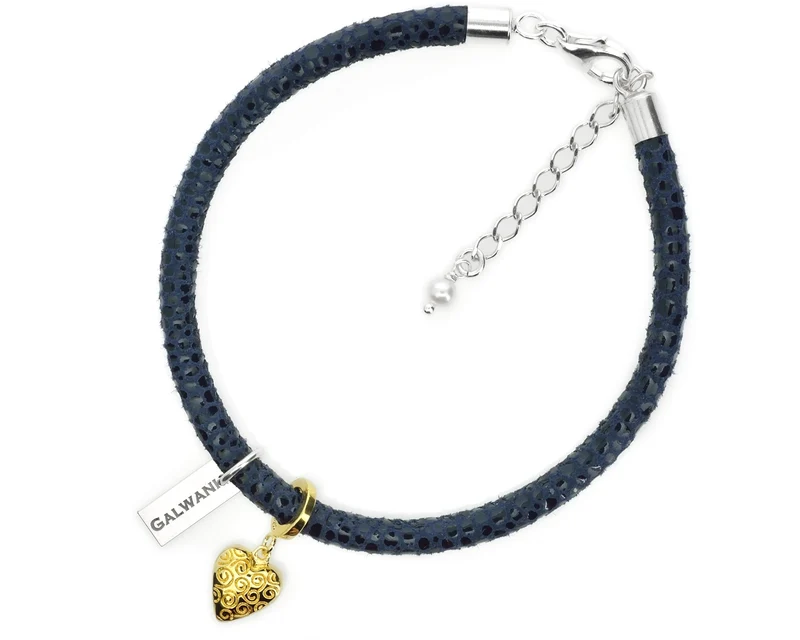 DAMENARMBAND, ARMBAND BLAU, LEDERARMBAND, SILBERSCHMUCK HERZ