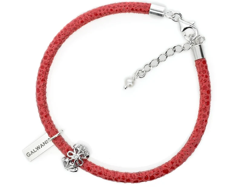 DAMENARMBAND, ARMBAND ROT, LEDERARMBAND, SILBERSCHMUCK BLUME