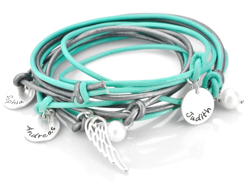 ARMBAND MIT GRAVUR, FAMILIEN ARMBAND, NAMENSARMBAND LEDER, ENGELSFLÜGEL SCHMUCK