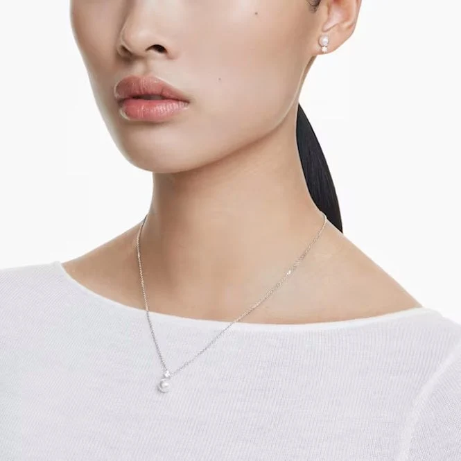 Matrix Necklace & Earrings Pearl Set with Round-Cut White Crystal in Rhodium Silver