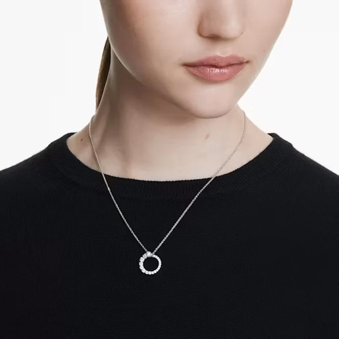 Matrix Pearl Pendant Necklace with Round-Cut White Crystal in Rhodium Silver