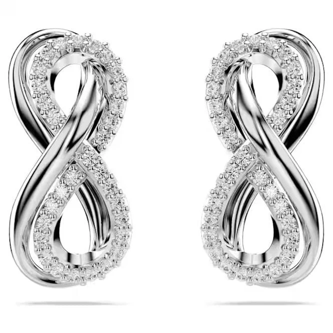 Hyperbola Infinity Stud Earrings with White Crystal in Rhodium Silver