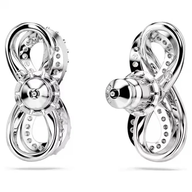 Hyperbola Infinity Stud Earrings with White Crystal in Rhodium Silver