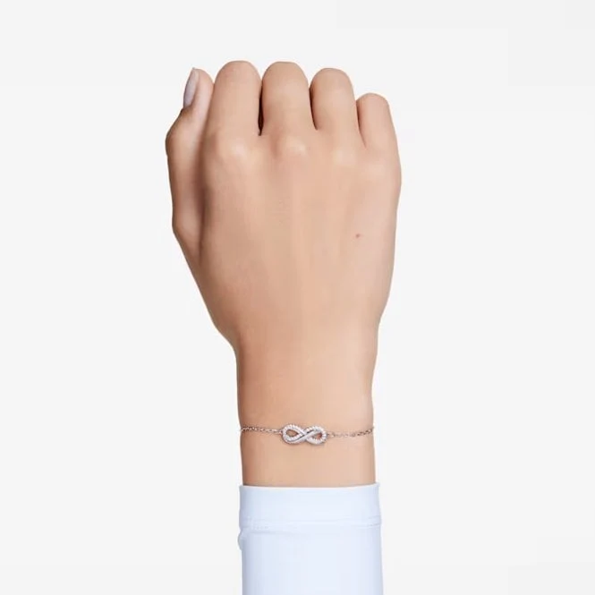 Hyperbola Infinity Bracelet with White Crystal in Rhodium Silver