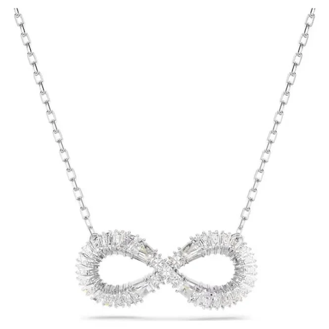 Hyperbola Infinity Pendant Necklace with White Crystal in Rhodium Silver