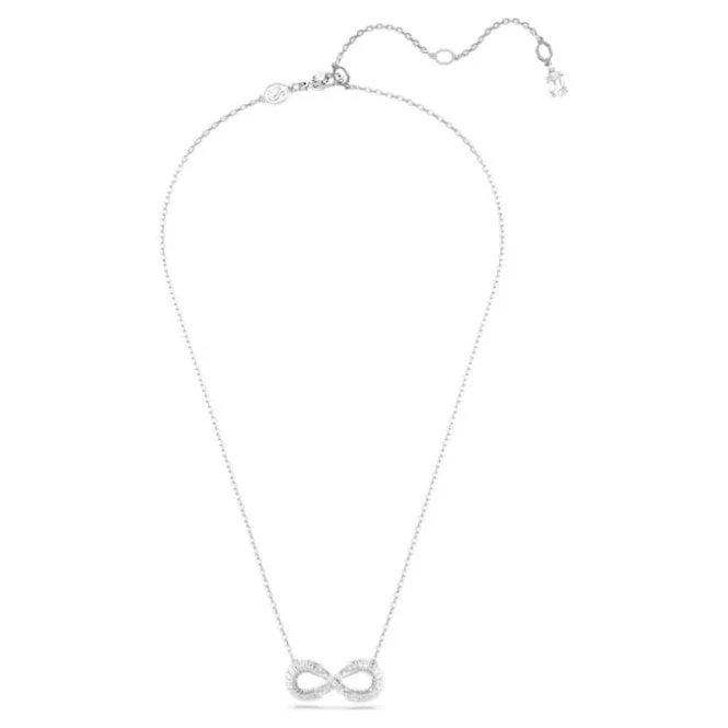 Hyperbola Infinity Pendant Necklace with White Crystal in Rhodium Silver