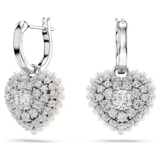Hyperbola Heart Drop Earrings with White Crystal Pearl in Rhodium Silver
