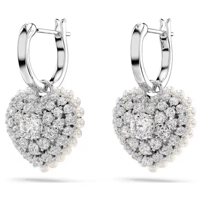 Hyperbola Heart Drop Earrings with White Crystal Pearl in Rhodium Silver