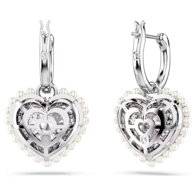 Hyperbola Heart Drop Earrings with White Crystal Pearl in Rhodium Silver