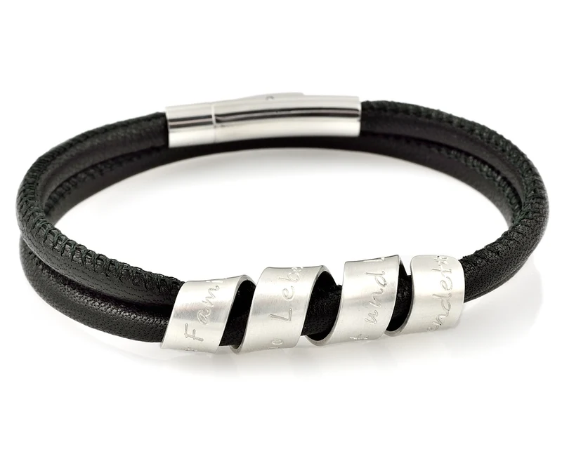 MÄNNER ARMBAND LEDER SCHWARZ GRAVUR LEDERARMBAND HERRENSCHMUCK 925 SILBER