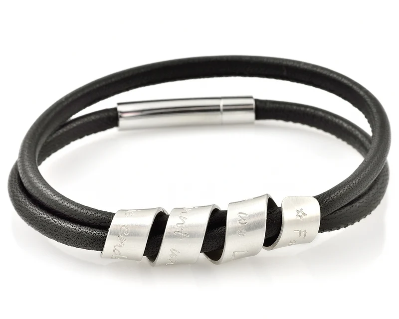 MÄNNER ARMBAND LEDER SCHWARZ GRAVUR LEDERARMBAND HERRENSCHMUCK 925 SILBER
