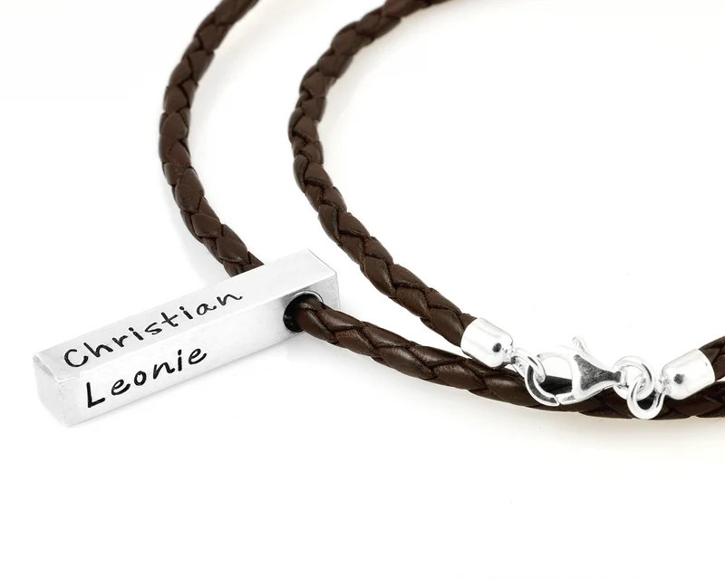 HERREN KETTE LEDER GRAVUR SILBERBARREN HALSKETTE MANN HERRENSCHMUCK LEDERKETTE