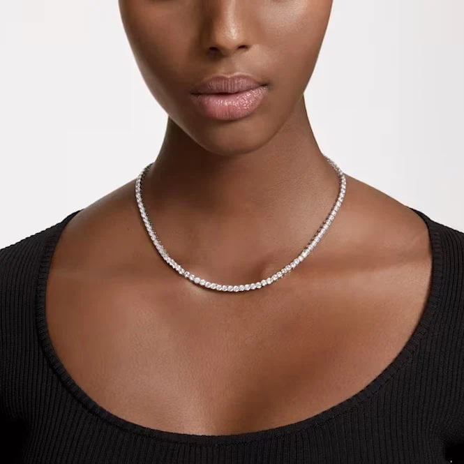 Matrix Necklace & Earrings Tennis Set with Round-Cut White Crystal in Rhodium Silver