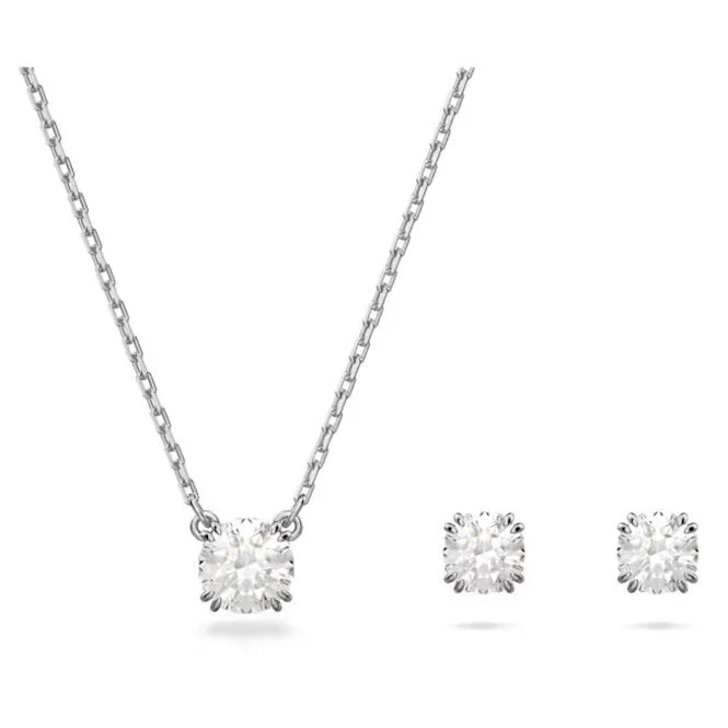 Stilla Necklace & Earrings Set with Round-Cut White Crystal in Rhodium Silver