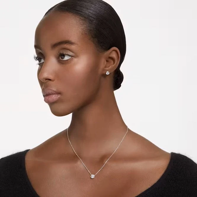 Stilla Necklace & Earrings Set with Round-Cut White Crystal in Rhodium Silver
