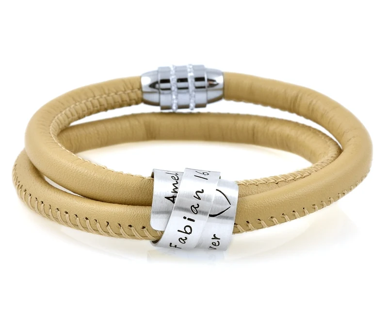DAMENARMBAND MIT GRAVUR, DESIGNERARMBAND, LEDERARMBAND BEIGE