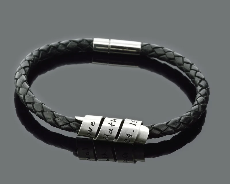HERRENARMBAND MIT GRAVUR, MÄNNERARMBAND LEDER 925 SILBER Armband
