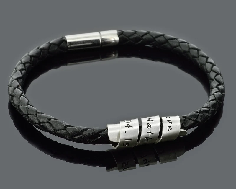 HERRENARMBAND MIT GRAVUR, MÄNNERARMBAND LEDER 925 SILBER Armband