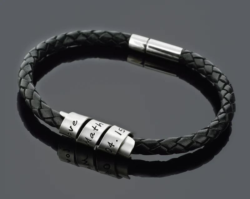 HERRENARMBAND MIT GRAVUR, MÄNNERARMBAND LEDER 925 SILBER Armband