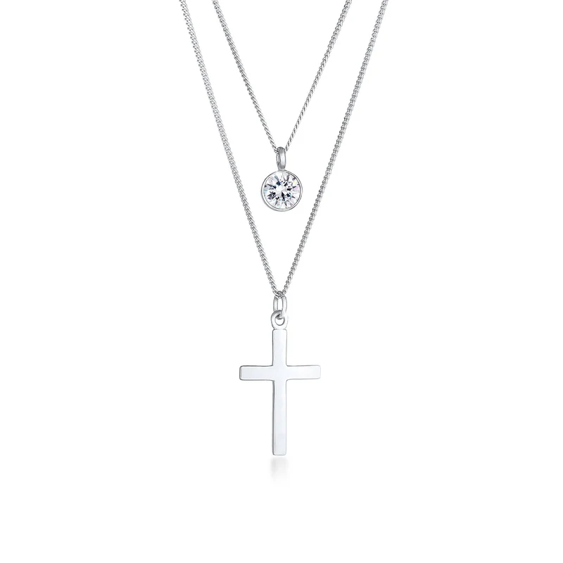 Layer-Halskette Kreuz | Mit Kristallen von Swarovski® (Weiß)