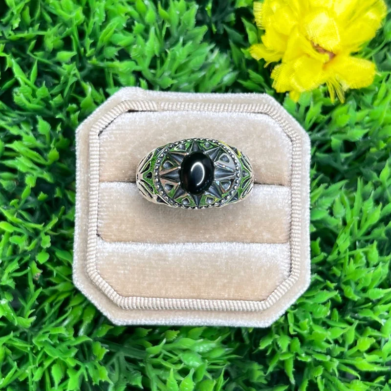 Silberner schwarzer Onyx-Stern-Siegelring