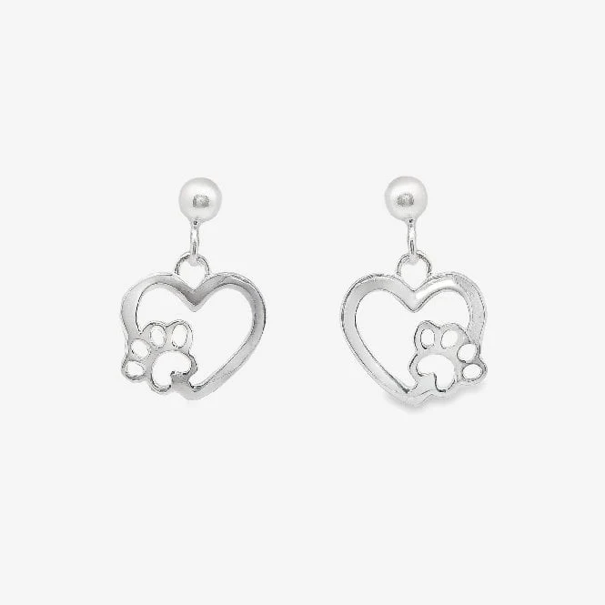 Silver Paw Print Heart Drop Earrings