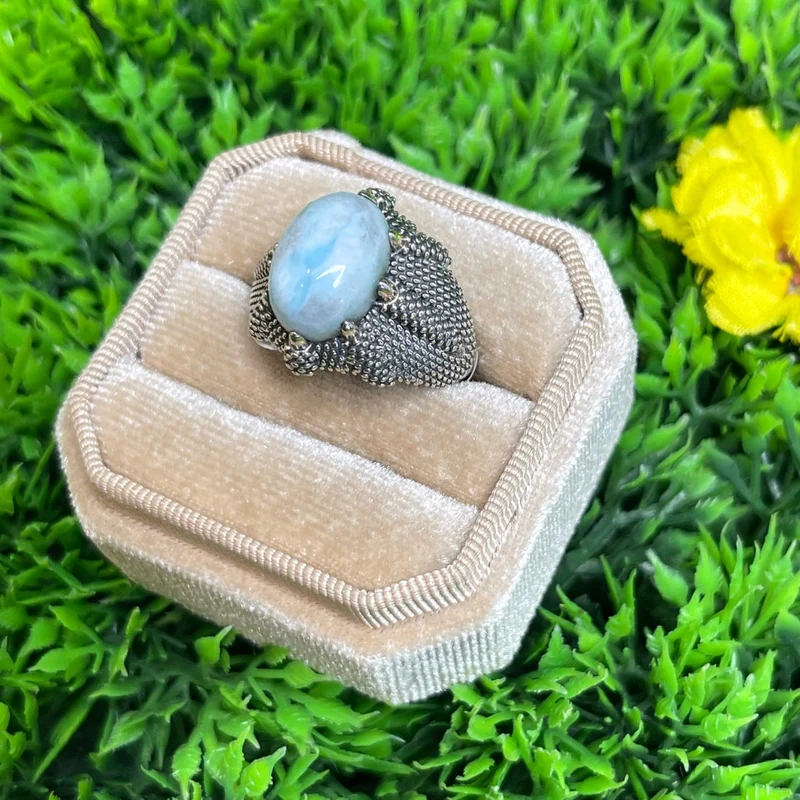 Silberner Larimar-Krallen-Siegelring Nr. 6