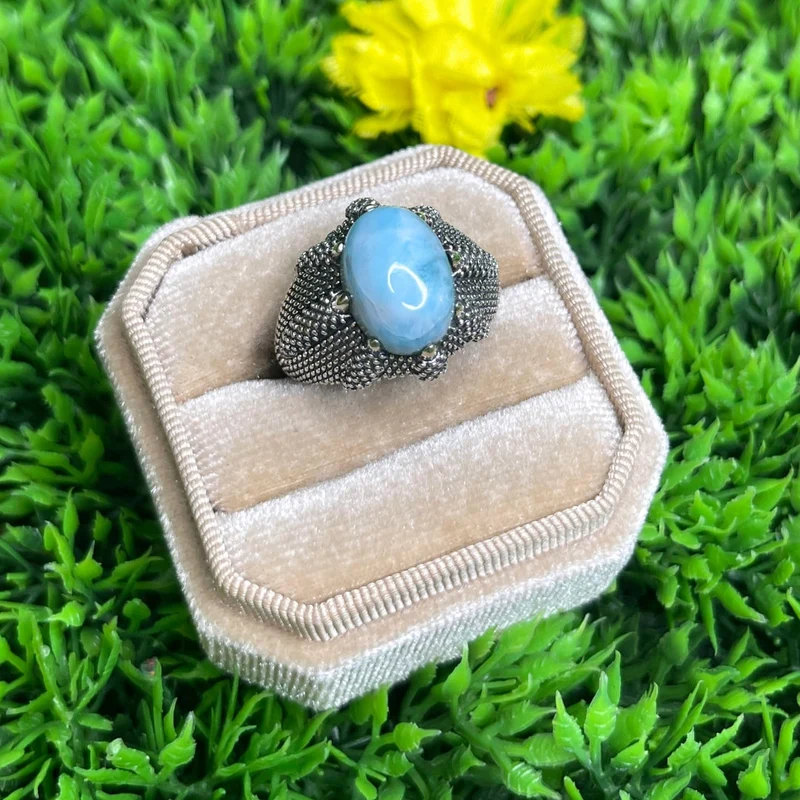 Silberner Larimar-Krallen-Siegelring Nr. 3