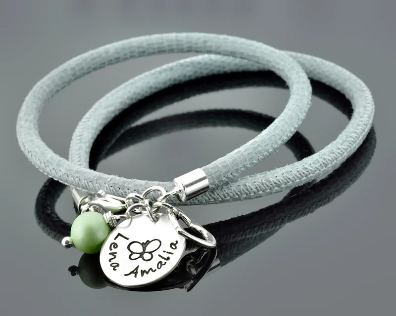 ARMBAND MIT GRAVUR DAMEN LEDERARMBAND BLAUGRAU NAMENSARMBAND