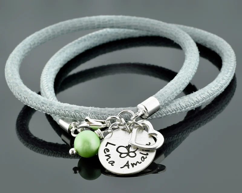 ARMBAND MIT GRAVUR DAMEN LEDERARMBAND BLAUGRAU NAMENSARMBAND
